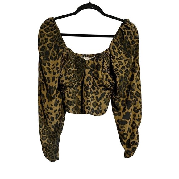 Mango MNG Leopard Animal Print Ruched Sleeve Smocked Back Top NWT Size 4 - Picture 1 of 9